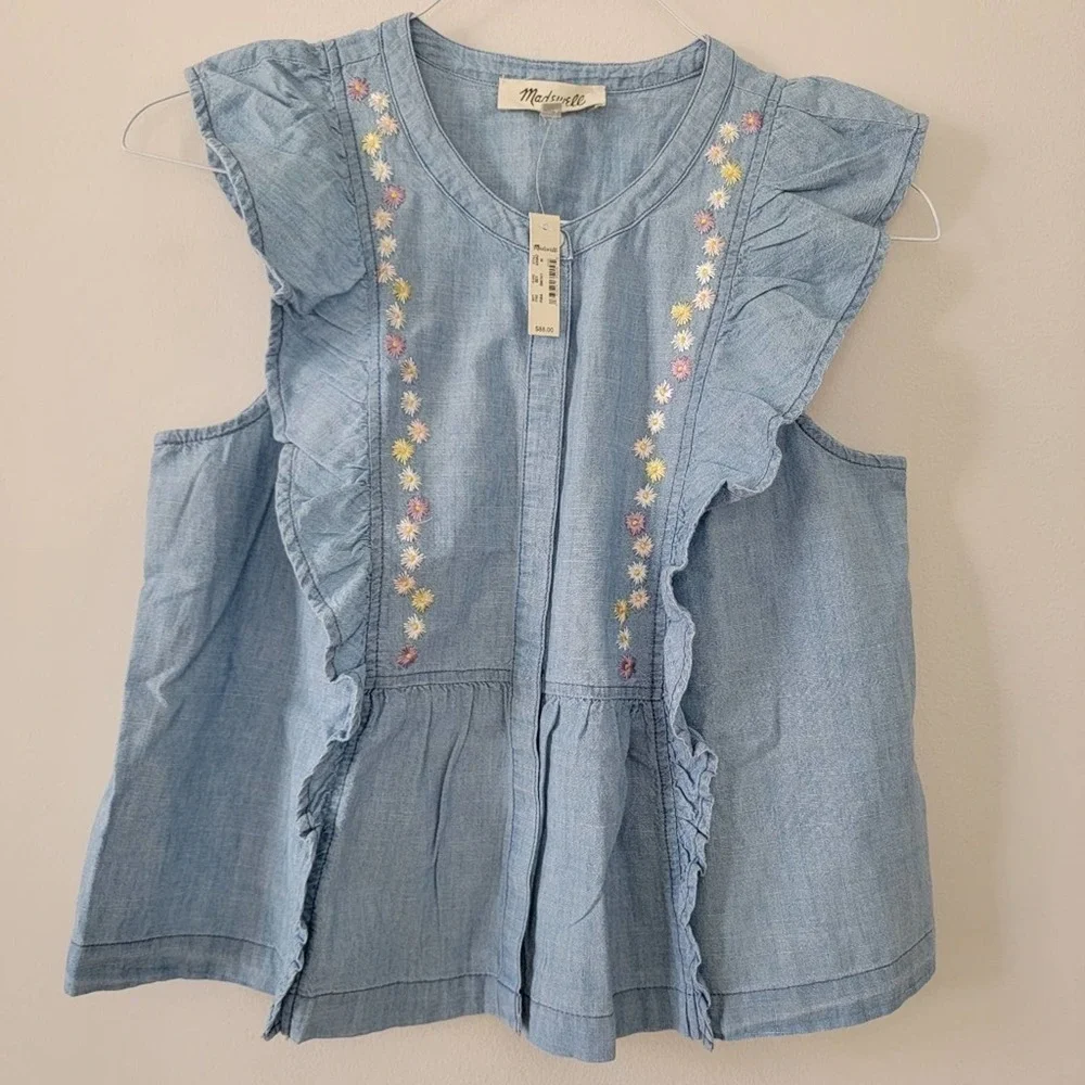 🛑 2 / $40 Sale! MADEWELL Floral Embroidered Denim Ruffle Top NWT - Picture 5 of 12